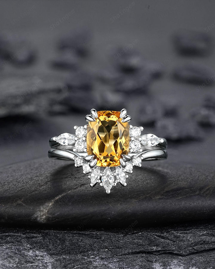 Unique Cushion Cut Citrine Cluster Engagement Ring Set, Vintage Yellow Citrine Wedding Ring White Gold Promise Ring Art Deco Silver 925 Ring - ShainJewelry