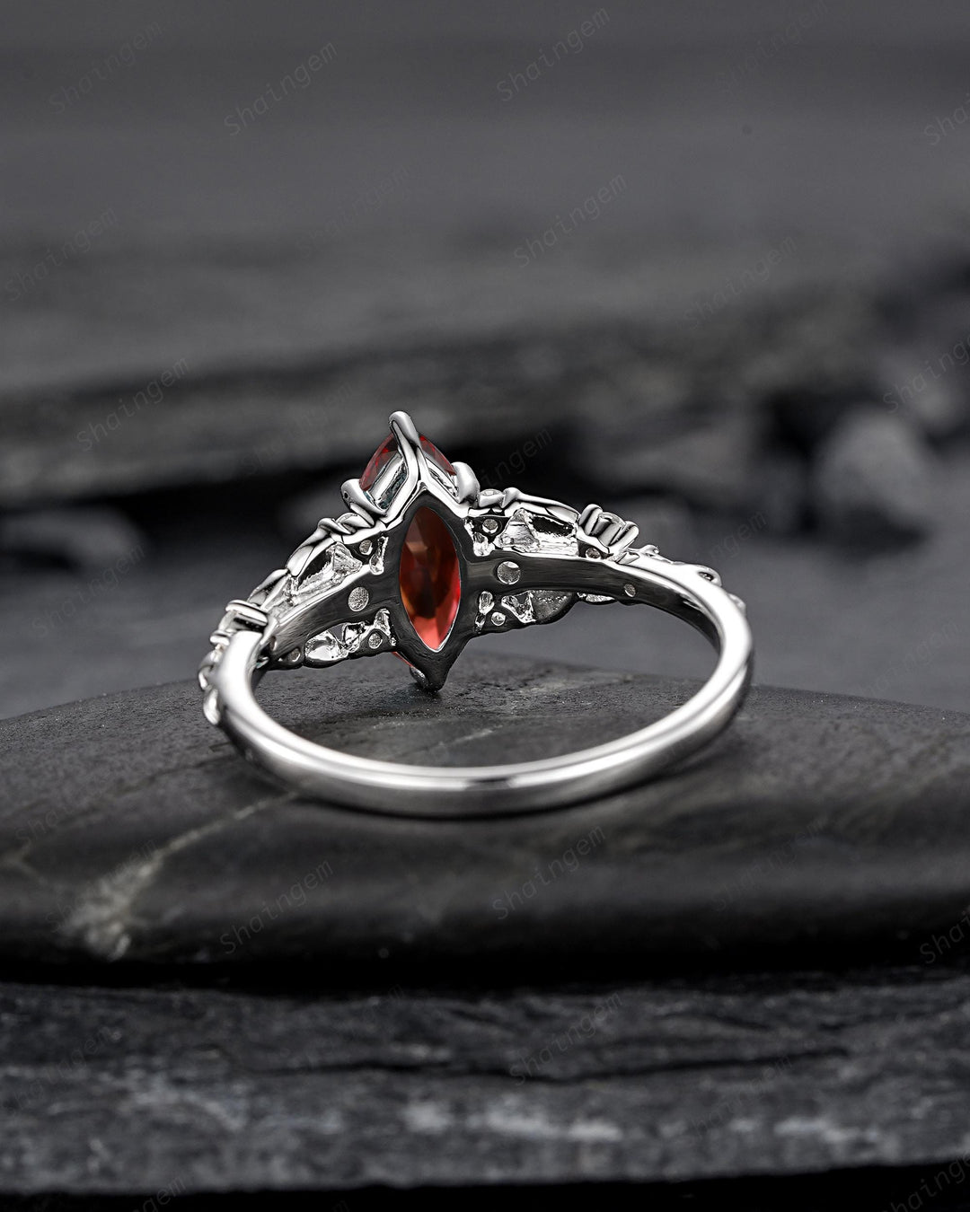 Vintage Marquise Cut Garnet Engagement Ring, Unique January Birthstone Promise Ring, White Gold/Silver Leaf Wedding Ring Gift for Women - ShainJewelry