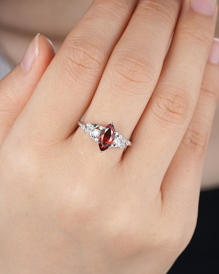 Vintage Marquise Cut Garnet Engagement Ring, Unique January Birthstone Promise Ring, White Gold/Silver Leaf Wedding Ring Gift for Women - ShainJewelry