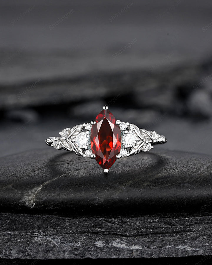 Vintage Marquise Cut Garnet Engagement Ring, Unique January Birthstone Promise Ring, White Gold/Silver Leaf Wedding Ring Gift for Women - ShainJewelry