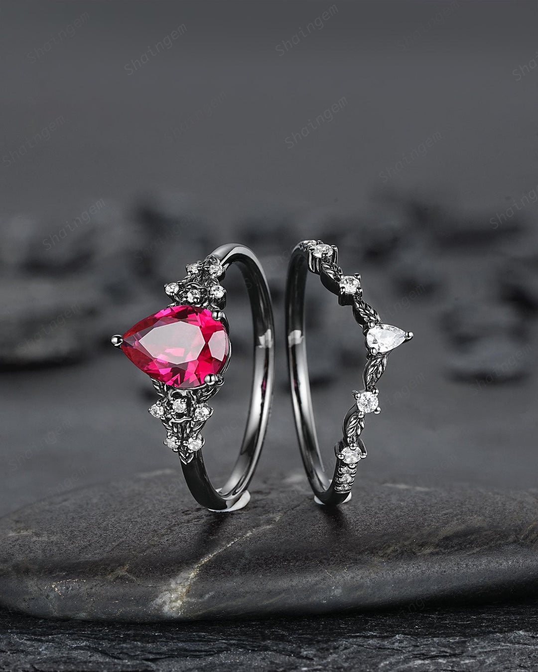 Gothic Pear Shape Ruby Floral Engagement Ring Set, Unique Black Gold July Birthstone Promise Ring, Black Rhodium Leaf Ring Gift for Women - ShainJewelry