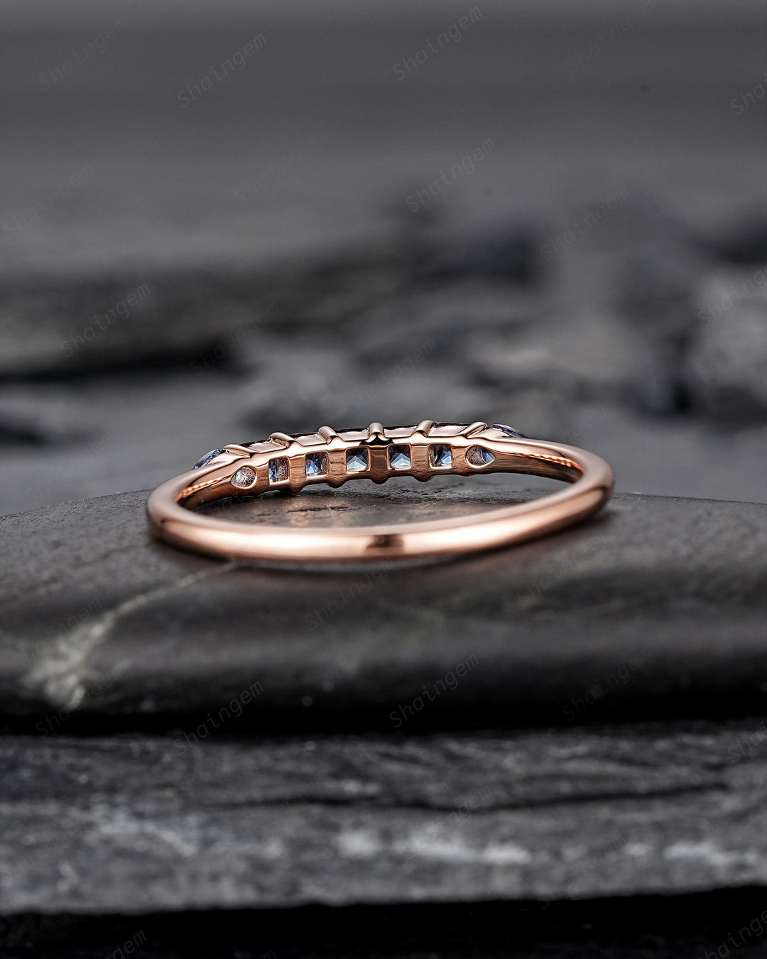 Alexandrite Wedding Band, Seven Stone Rose Gold Matching Band Half Eternity Princess Pear Cut Alexandrite Engagement Ring Enhancer for Women - ShainJewelry