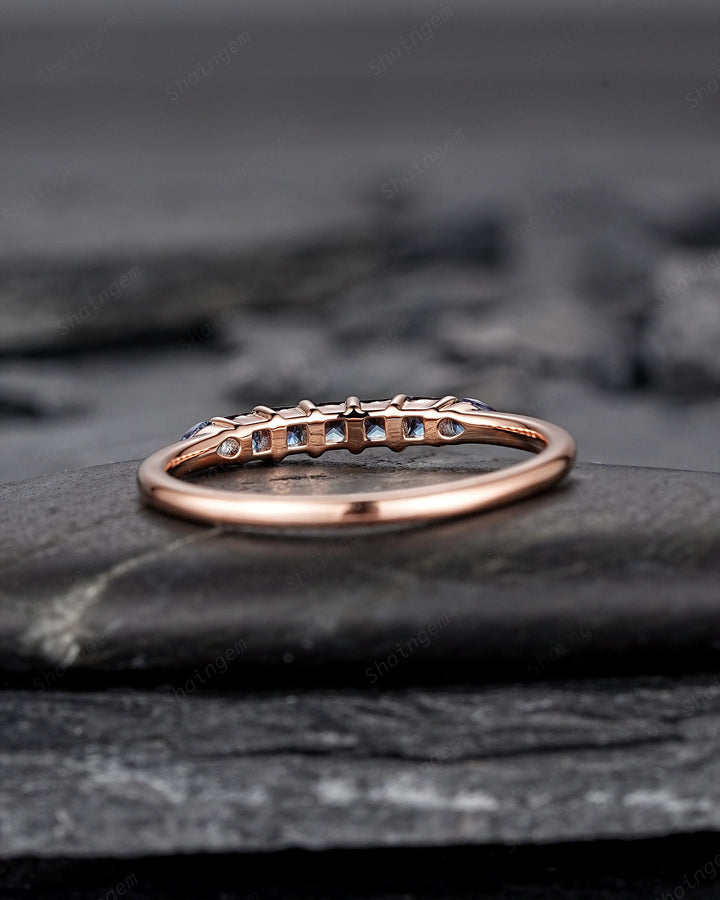 Alexandrite Wedding Band, Seven Stone Rose Gold Matching Band Half Eternity Princess Pear Cut Alexandrite Engagement Ring Enhancer for Women - ShainJewelry