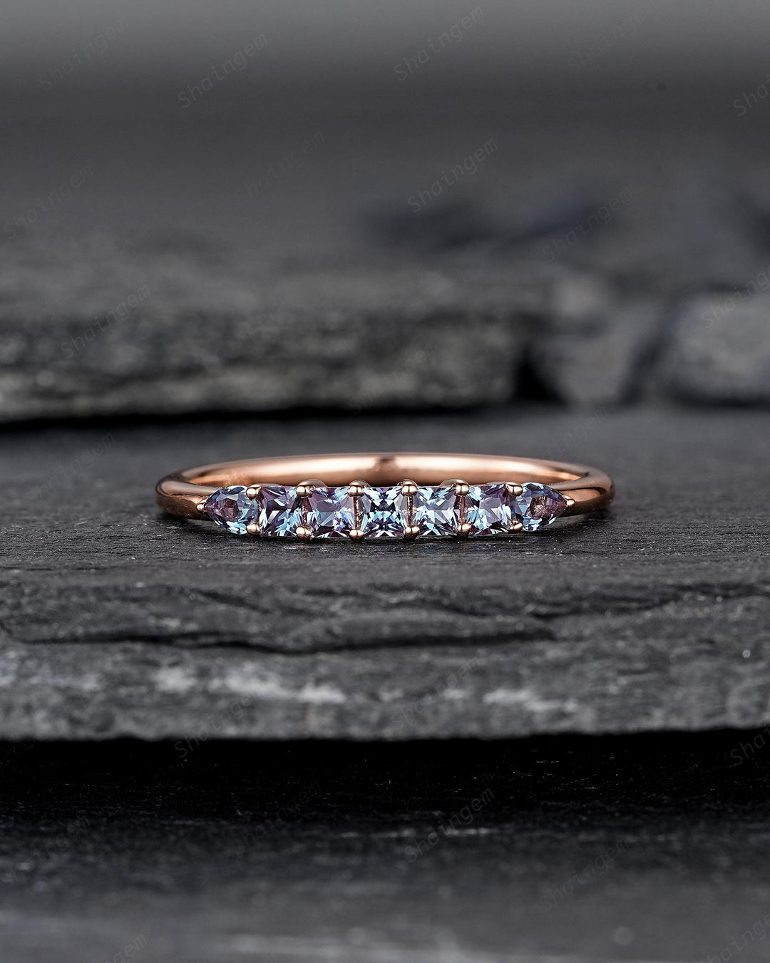 Alexandrite Wedding Band, Seven Stone Rose Gold Matching Band Half Eternity Princess Pear Cut Alexandrite Engagement Ring Enhancer for Women - ShainJewelry