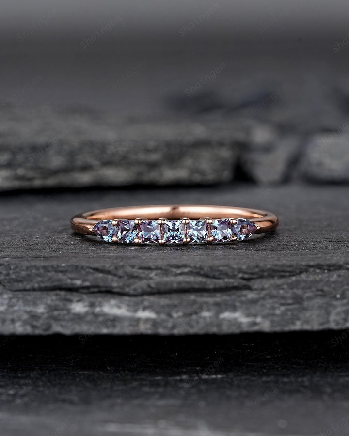Alexandrite Wedding Band, Seven Stone Rose Gold Matching Band Half Eternity Princess Pear Cut Alexandrite Engagement Ring Enhancer for Women - ShainJewelry