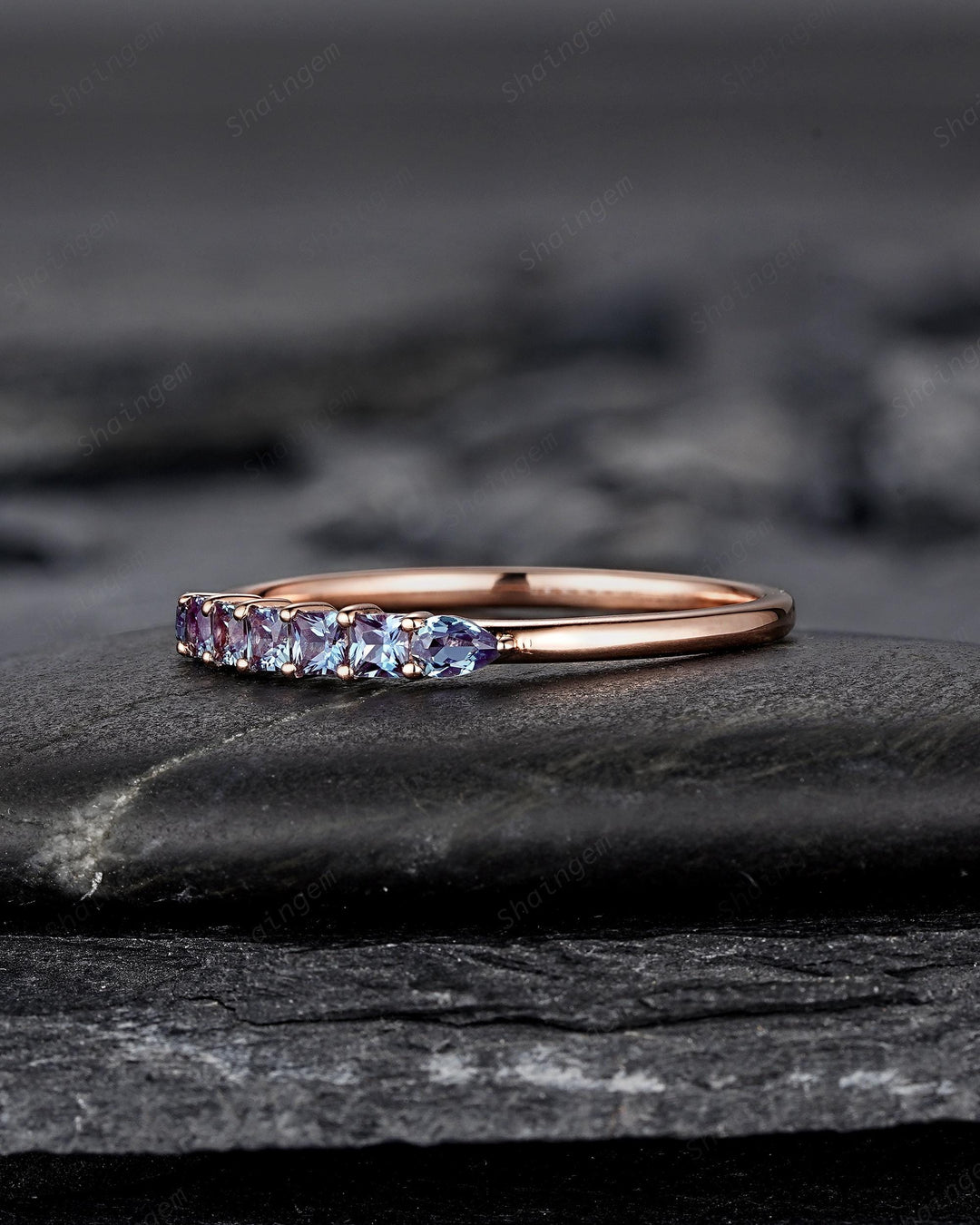 Alexandrite Wedding Band, Seven Stone Rose Gold Matching Band Half Eternity Princess Pear Cut Alexandrite Engagement Ring Enhancer for Women - ShainJewelry