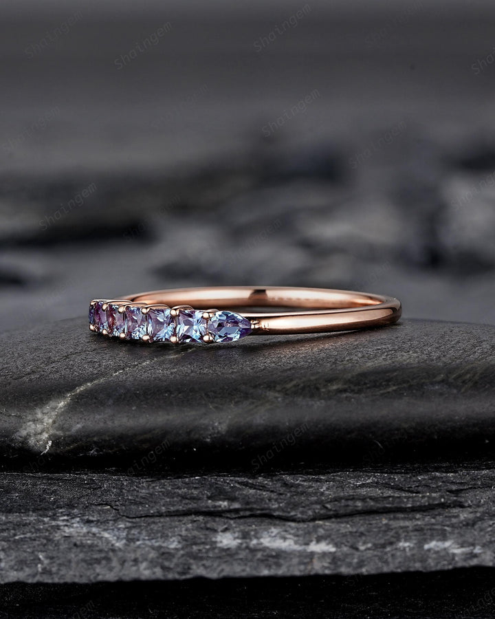 Alexandrite Wedding Band, Seven Stone Rose Gold Matching Band Half Eternity Princess Pear Cut Alexandrite Engagement Ring Enhancer for Women - ShainJewelry