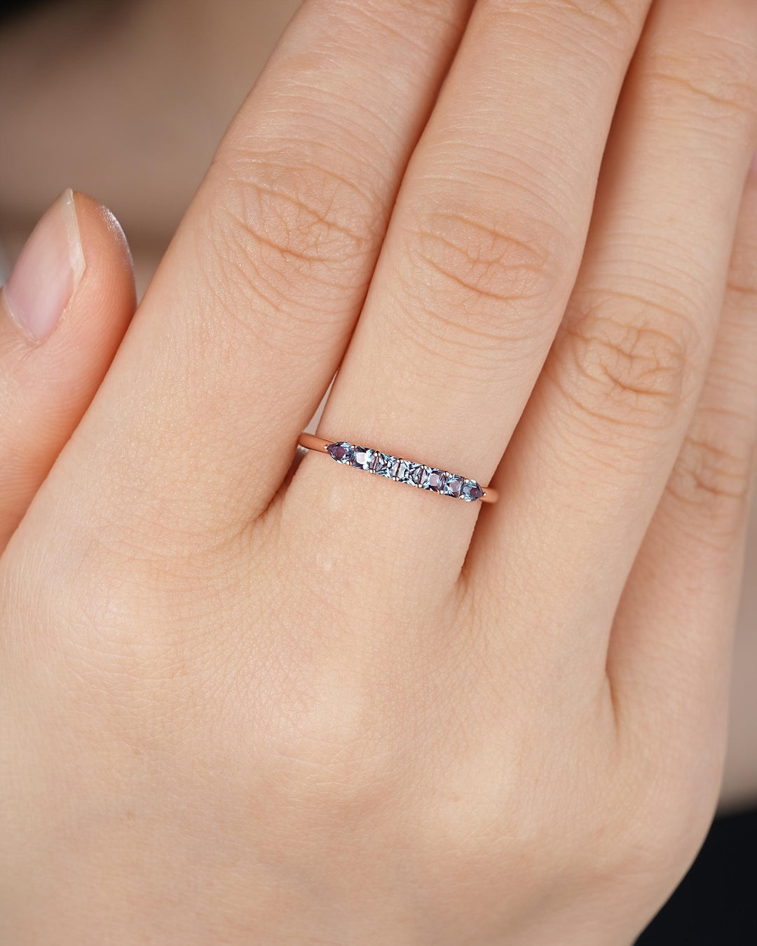 Alexandrite Wedding Band, Seven Stone Rose Gold Matching Band Half Eternity Princess Pear Cut Alexandrite Engagement Ring Enhancer for Women - ShainJewelry