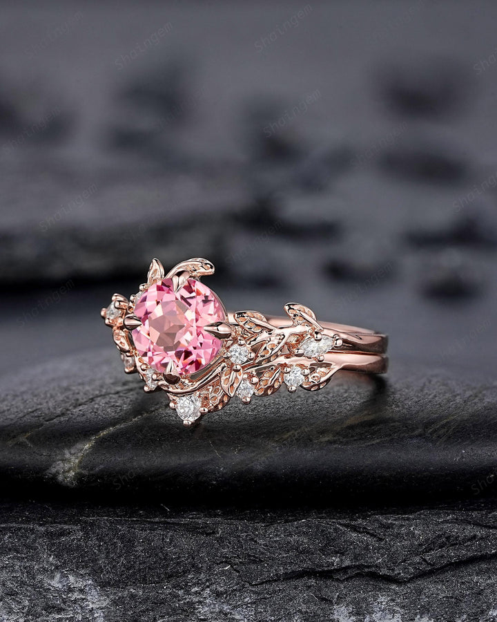 Vintage Round Shape Padparadscha Pink Sapphire Leaf Engagement Ring, Unique Rose Gold Wedding Set, Nature Inspired Promise Ring for Women - ShainJewelry
