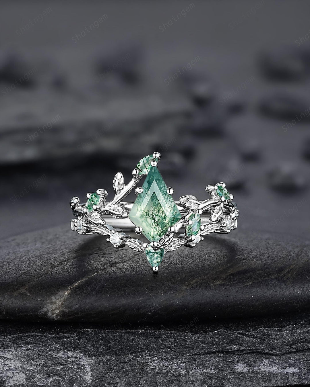 Platinum Kite Cut Moss Agate Leaf Engagement Ring Set, 14K White Gold Twig Branch Promise Wedding Ring, Silver 925 Vine Bridal Set For Women - ShainJewelry