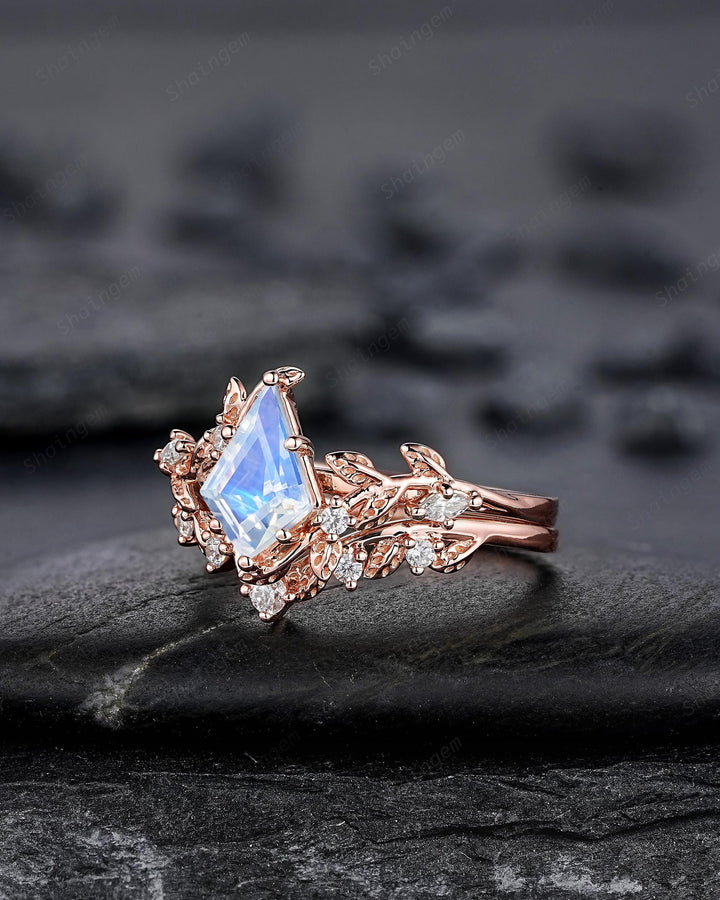 Vintage Kite Cut Moonstone Leaf Engagement Ring, Unique Rose Gold Twig Branch Vine Wedding Set Nature Inspired Promise Ring June Birthstone - ShainJewelry