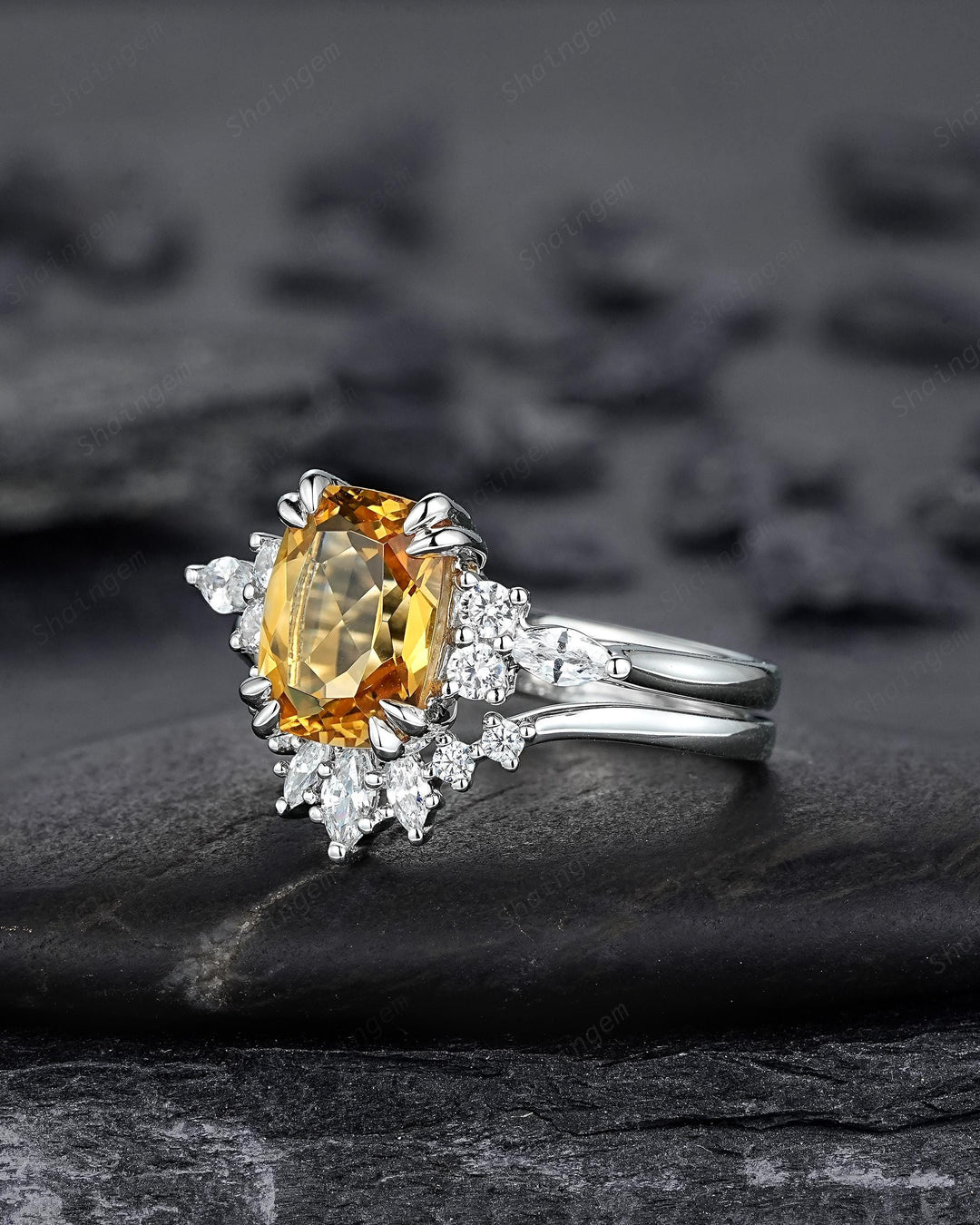 Unique Cushion Cut Citrine Cluster Engagement Ring Set, Vintage Yellow Citrine Wedding Ring White Gold Promise Ring Art Deco Silver 925 Ring - ShainJewelry