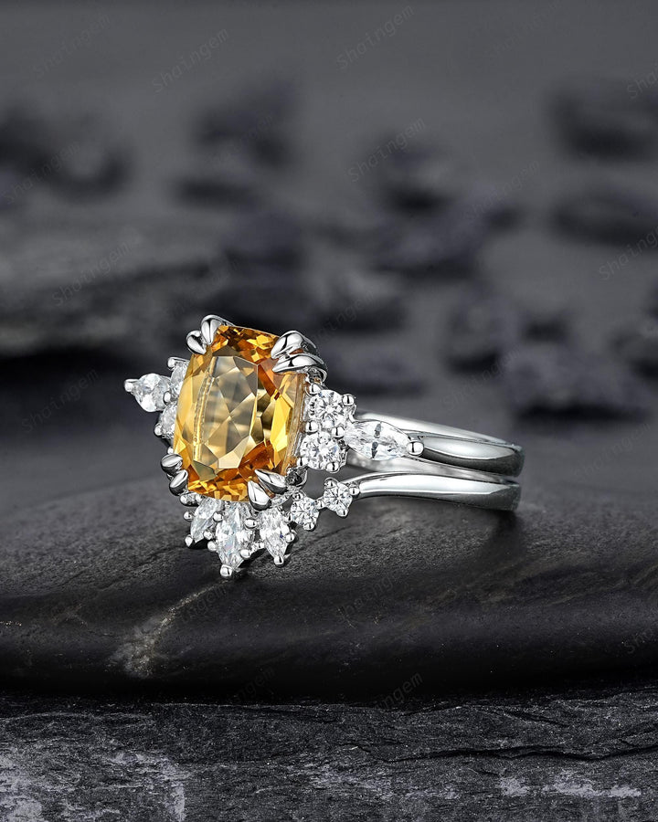 Unique Cushion Cut Citrine Cluster Engagement Ring Set, Vintage Yellow Citrine Wedding Ring White Gold Promise Ring Art Deco Silver 925 Ring - ShainJewelry