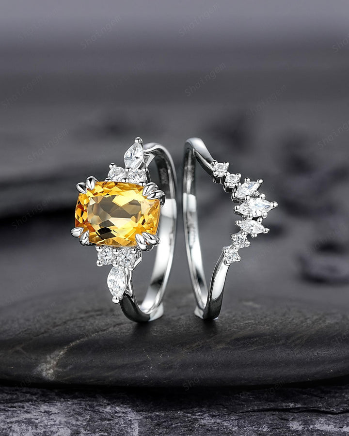 Unique Cushion Cut Citrine Cluster Engagement Ring Set, Vintage Yellow Citrine Wedding Ring White Gold Promise Ring Art Deco Silver 925 Ring - ShainJewelry