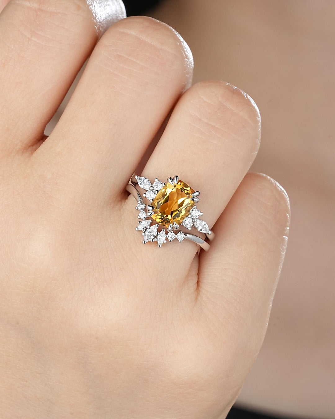Unique Cushion Cut Citrine Cluster Engagement Ring Set, Vintage Yellow Citrine Wedding Ring White Gold Promise Ring Art Deco Silver 925 Ring - ShainJewelry
