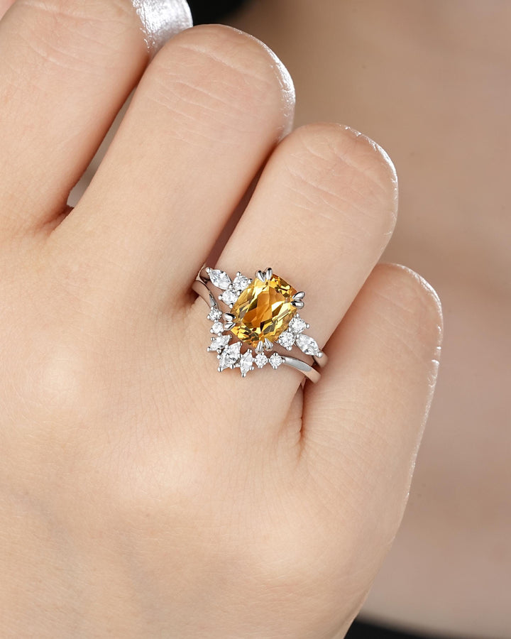 Unique Cushion Cut Citrine Cluster Engagement Ring Set, Vintage Yellow Citrine Wedding Ring White Gold Promise Ring Art Deco Silver 925 Ring - ShainJewelry