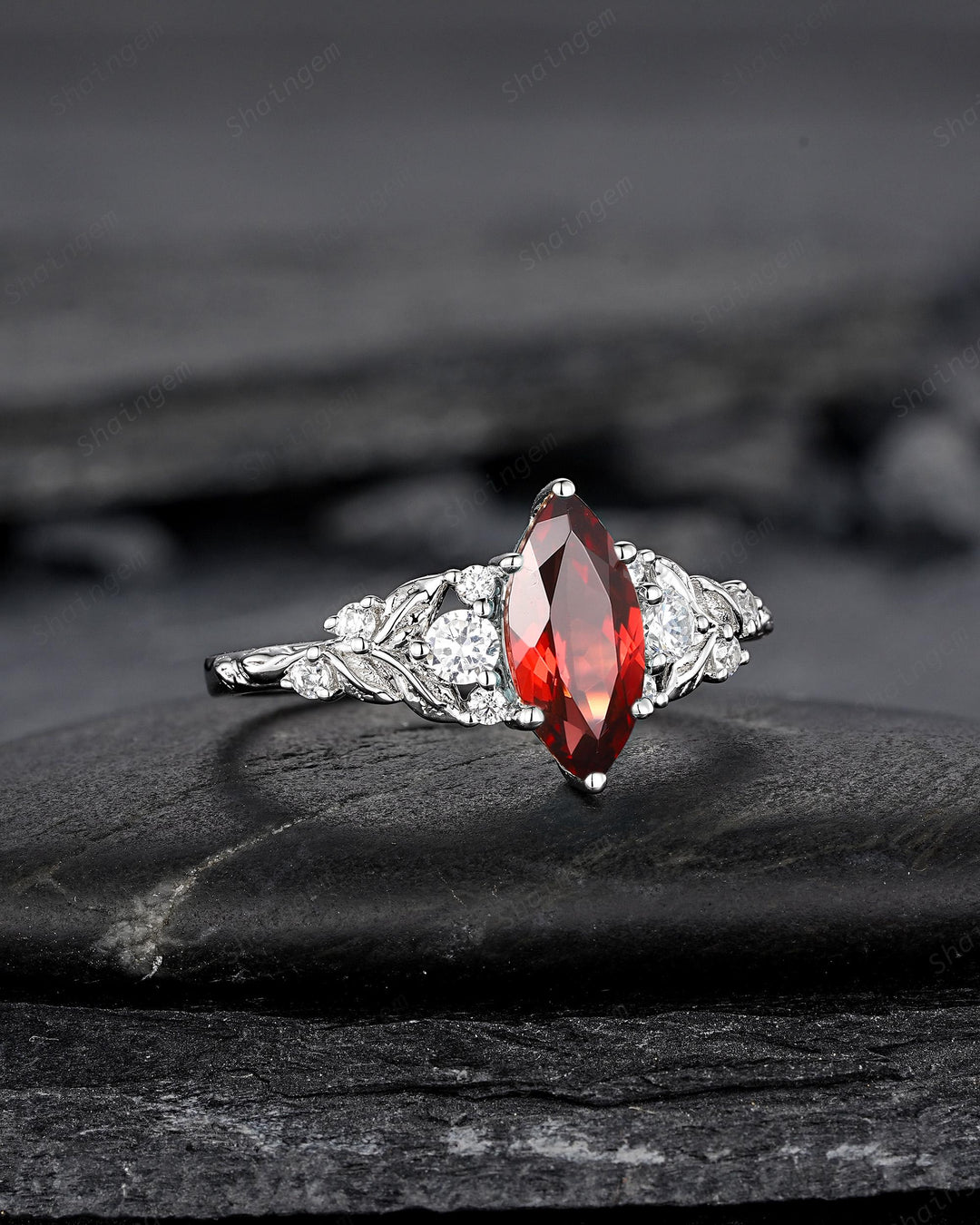 Vintage Marquise Cut Garnet Engagement Ring, Unique January Birthstone Promise Ring, White Gold/Silver Leaf Wedding Ring Gift for Women - ShainJewelry