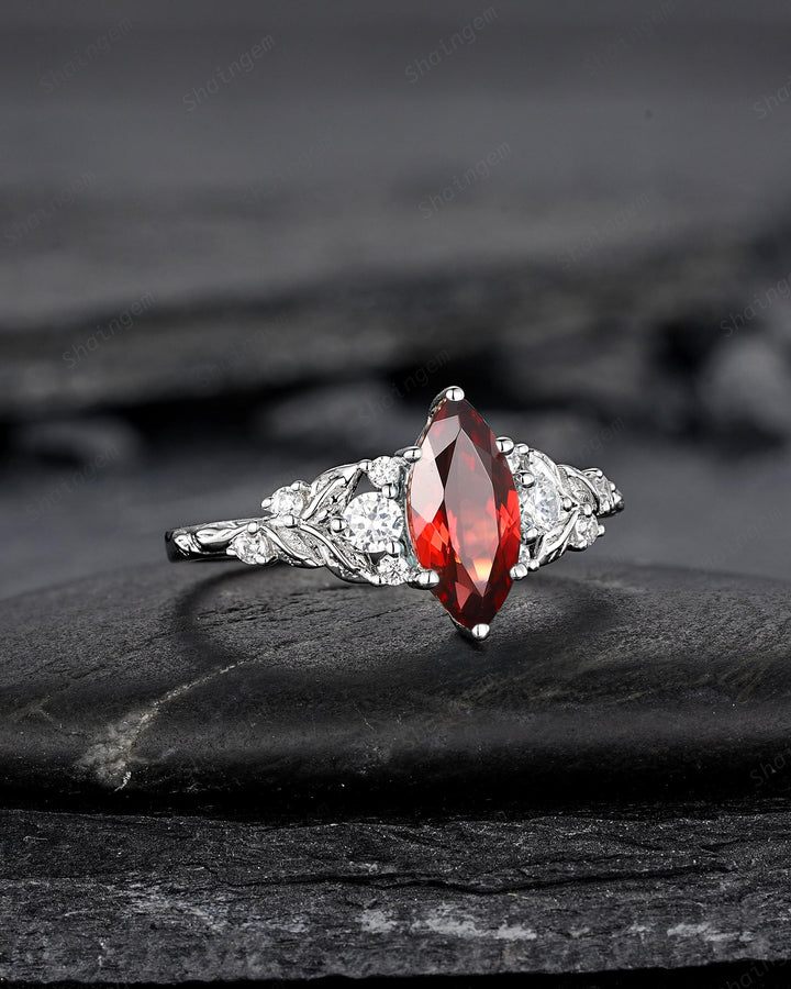 Vintage Marquise Cut Garnet Engagement Ring, Unique January Birthstone Promise Ring, White Gold/Silver Leaf Wedding Ring Gift for Women - ShainJewelry