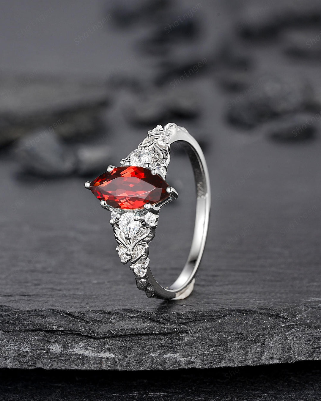 Vintage Marquise Cut Garnet Engagement Ring, Unique January Birthstone Promise Ring, White Gold/Silver Leaf Wedding Ring Gift for Women - ShainJewelry