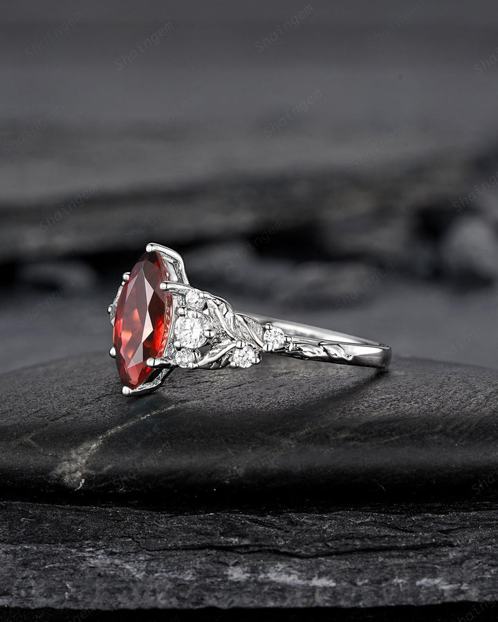 Vintage Marquise Cut Garnet Engagement Ring, Unique January Birthstone Promise Ring, White Gold/Silver Leaf Wedding Ring Gift for Women - ShainJewelry
