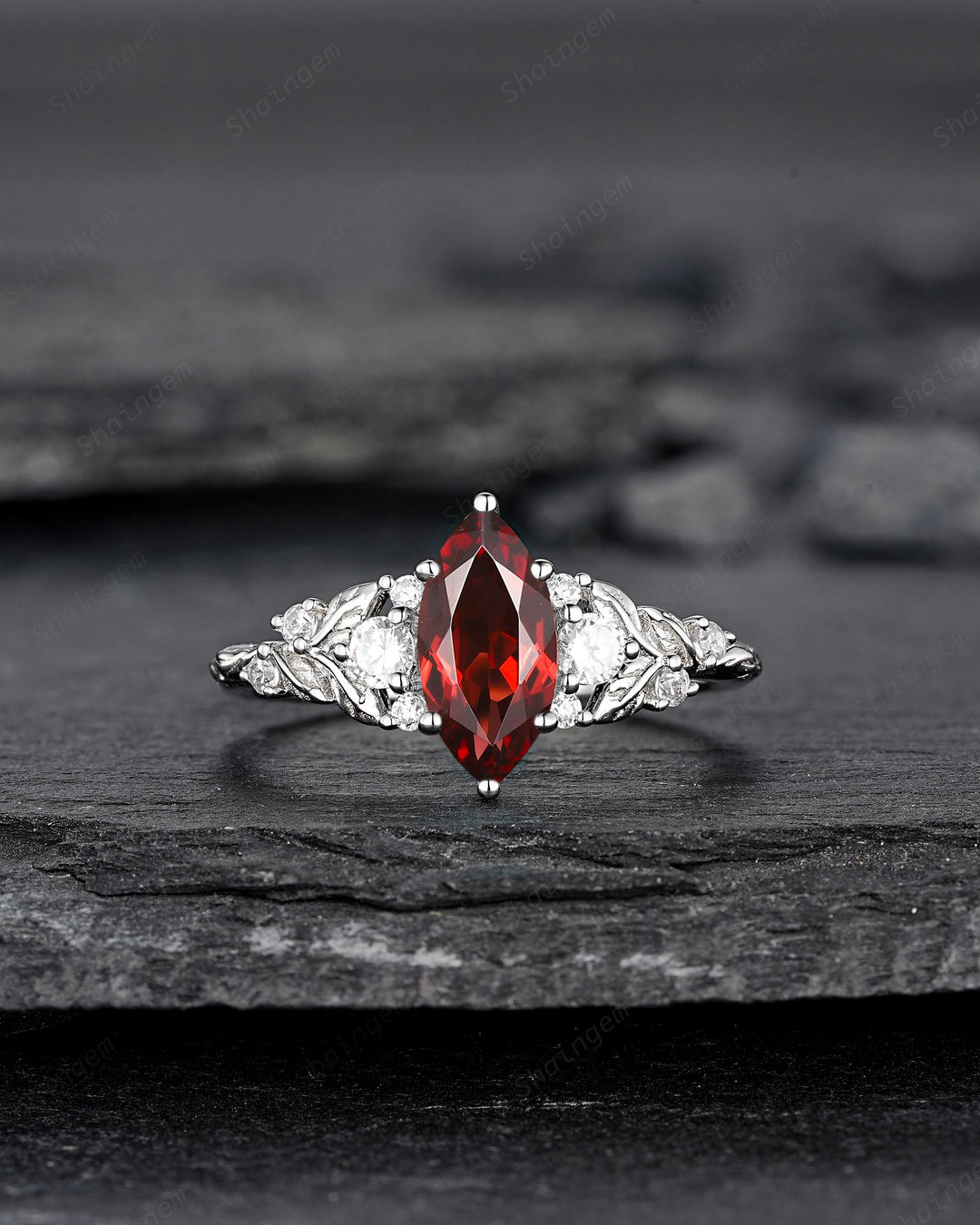 Vintage Marquise Cut Garnet Engagement Ring, Unique January Birthstone Promise Ring, White Gold/Silver Leaf Wedding Ring Gift for Women - ShainJewelry