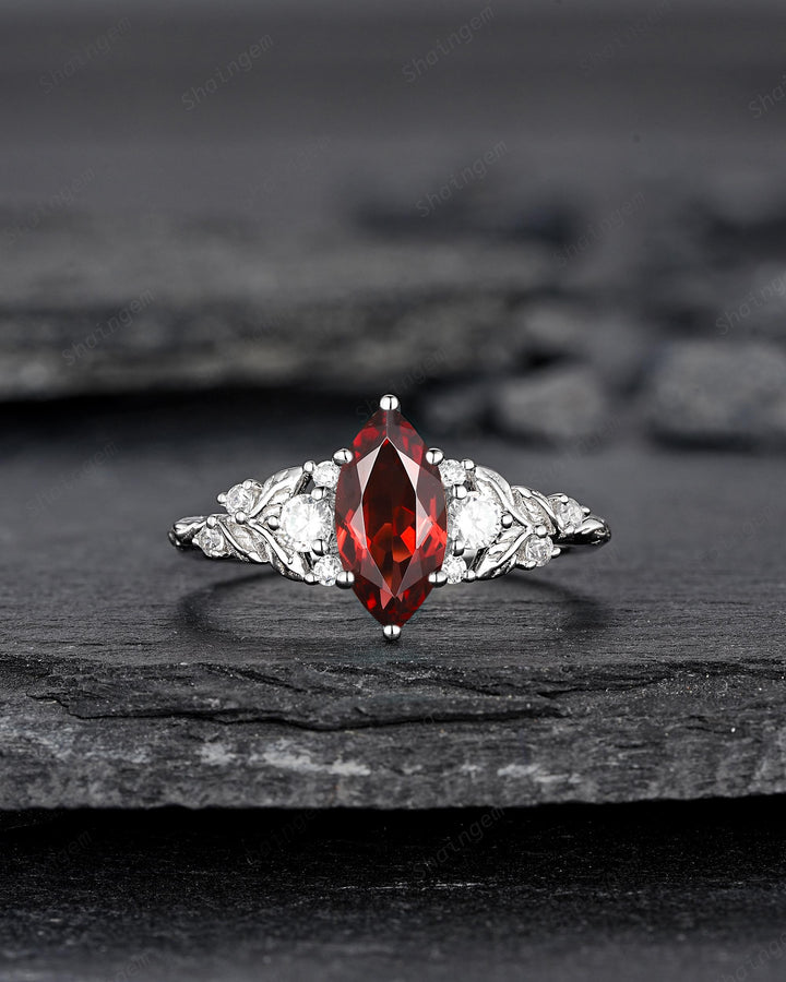 Vintage Marquise Cut Garnet Engagement Ring, Unique January Birthstone Promise Ring, White Gold/Silver Leaf Wedding Ring Gift for Women - ShainJewelry