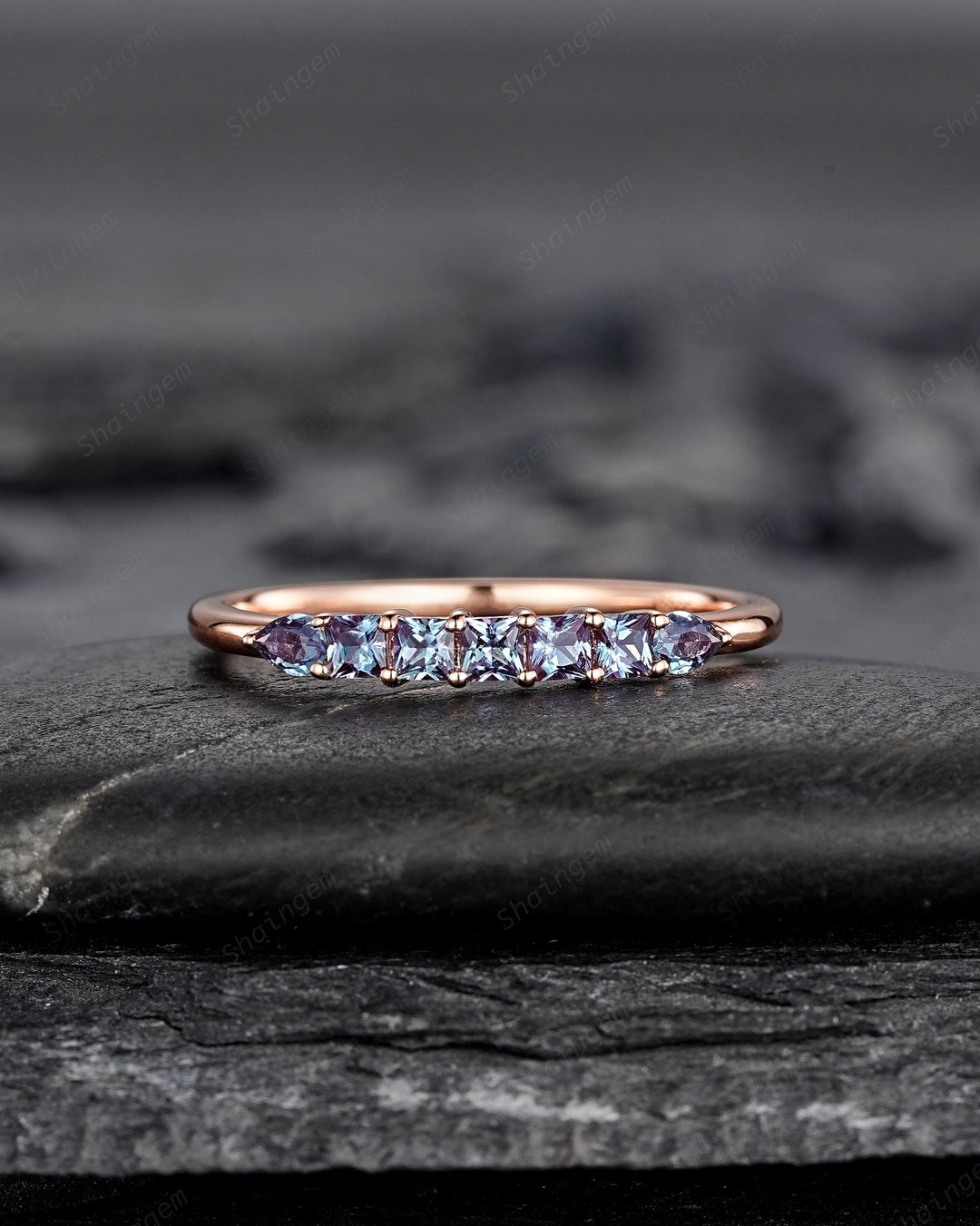 Alexandrite Wedding Band, Seven Stone Rose Gold Matching Band Half Eternity Princess Pear Cut Alexandrite Engagement Ring Enhancer for Women - ShainJewelry