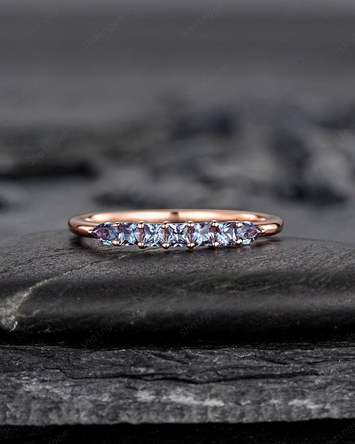 Alexandrite Wedding Band, Seven Stone Rose Gold Matching Band Half Eternity Princess Pear Cut Alexandrite Engagement Ring Enhancer for Women - ShainJewelry