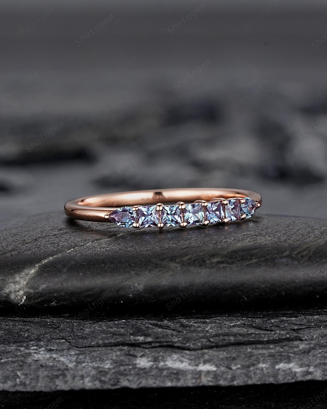 Alexandrite Wedding Band, Seven Stone Rose Gold Matching Band Half Eternity Princess Pear Cut Alexandrite Engagement Ring Enhancer for Women - ShainJewelry