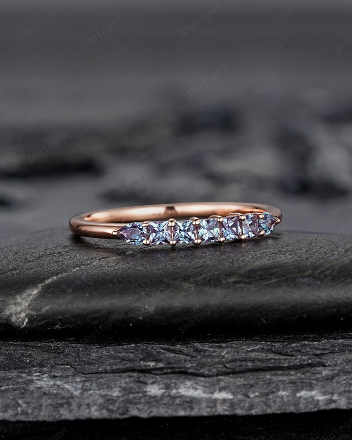 Alexandrite Wedding Band, Seven Stone Rose Gold Matching Band Half Eternity Princess Pear Cut Alexandrite Engagement Ring Enhancer for Women - ShainJewelry