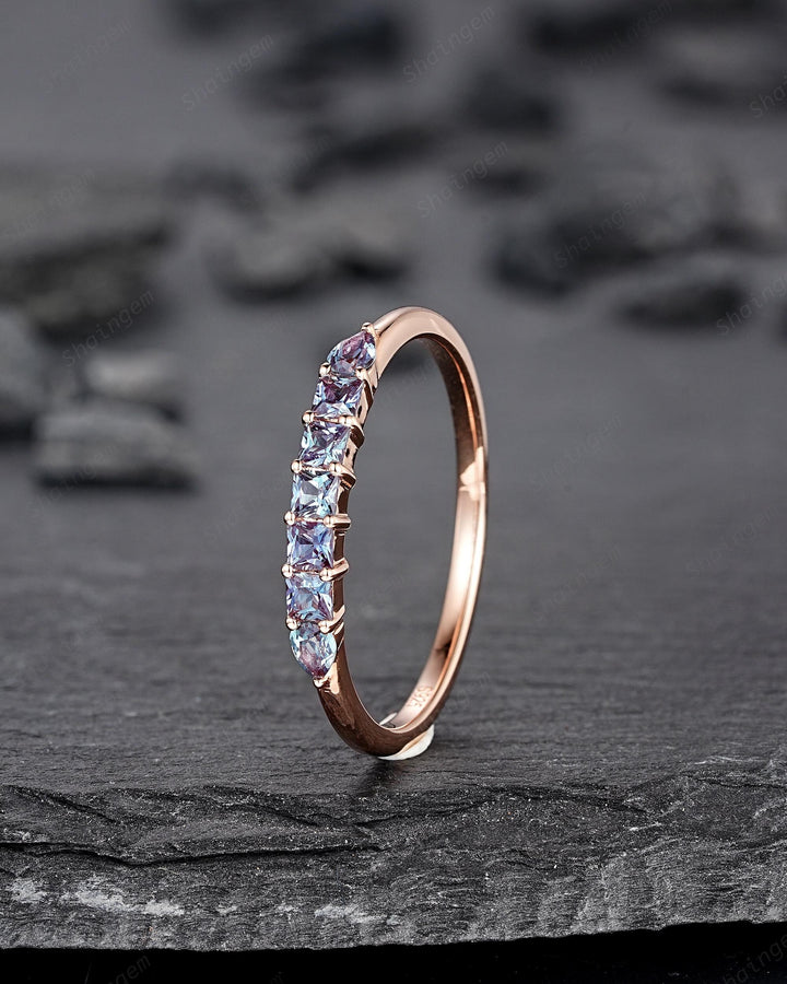 Alexandrite Wedding Band, Seven Stone Rose Gold Matching Band Half Eternity Princess Pear Cut Alexandrite Engagement Ring Enhancer for Women - ShainJewelry