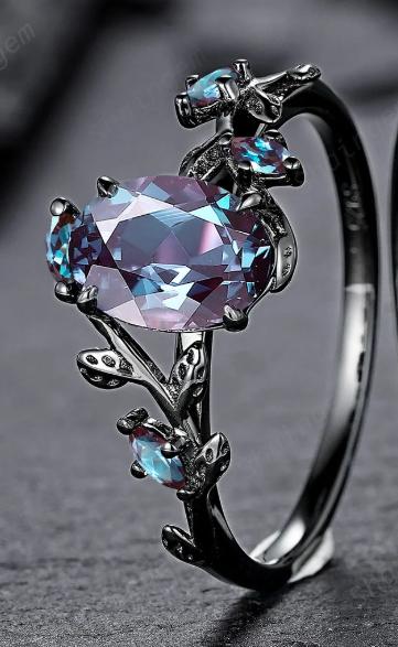 Gothic Oval Shape Alexandrite Black Engagement Ring Set, Black Gold Leaf Promise Ring Set, Rhodium Black Witchy Twig Branch Ring Bridal Set - ShainJewelry