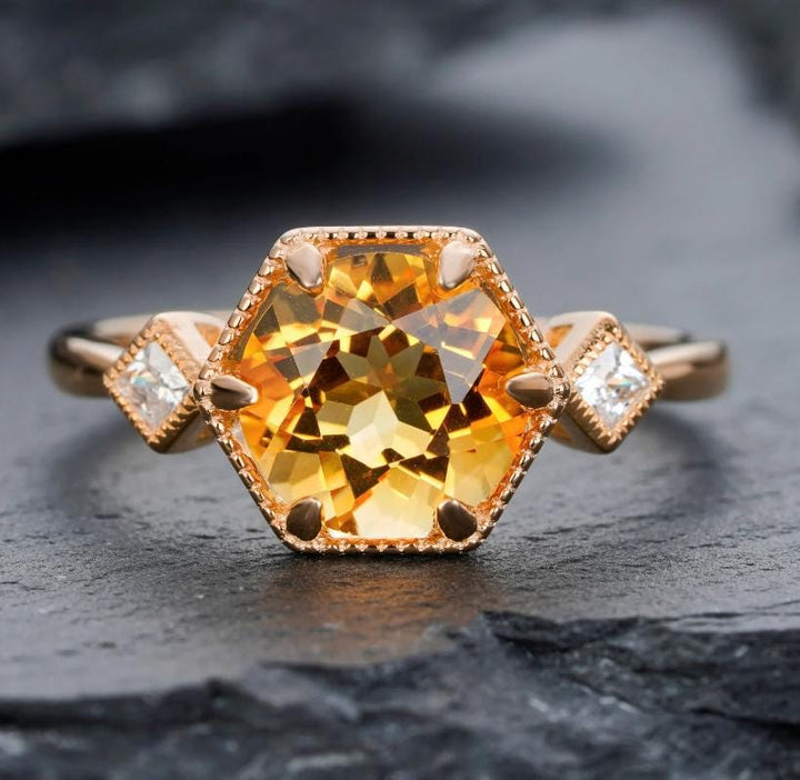Vintage Hexagonal Citrine Engagement Ring, 14K Yellow Gold November Birthstone Silver Promise Wedding Ring Anniversary Gift for Mom Women - ShainJewelry