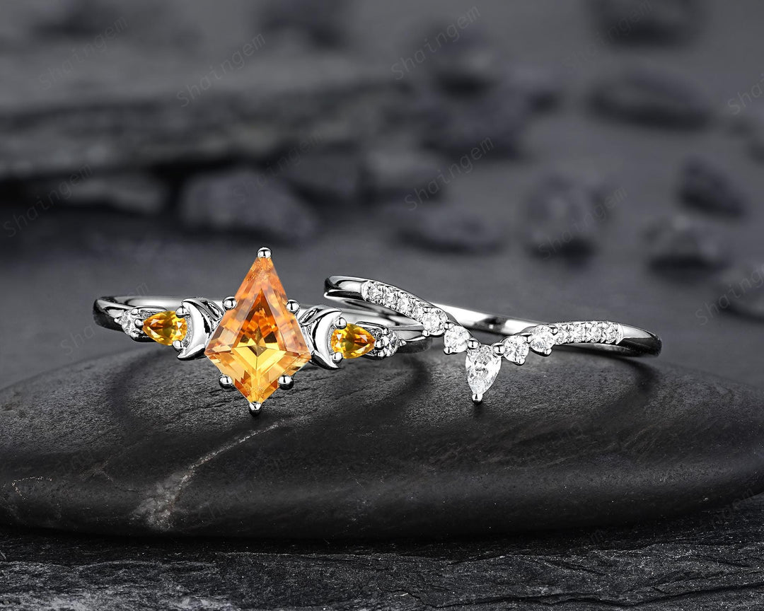 Platinum Kite Cut Yellow Citrine Crescent Engagement Ring Set, Nature Inspired Sterling Silver Moon Wedding Promise Ring Anniversary Gift - ShainJewelry