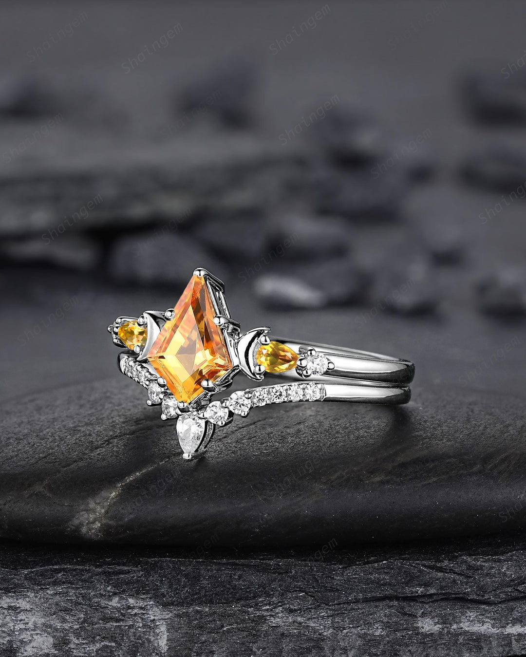 Platinum Kite Cut Yellow Citrine Crescent Engagement Ring Set, Nature Inspired Sterling Silver Moon Wedding Promise Ring Anniversary Gift - ShainJewelry