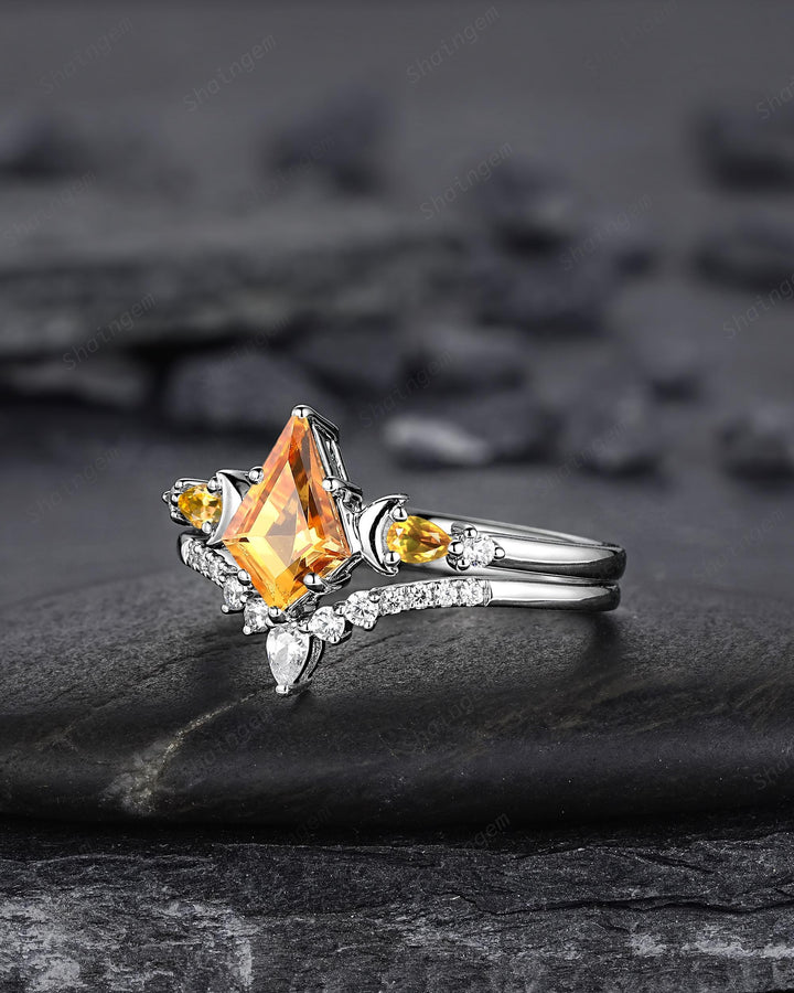 Platinum Kite Cut Yellow Citrine Crescent Engagement Ring Set, Nature Inspired Sterling Silver Moon Wedding Promise Ring Anniversary Gift - ShainJewelry