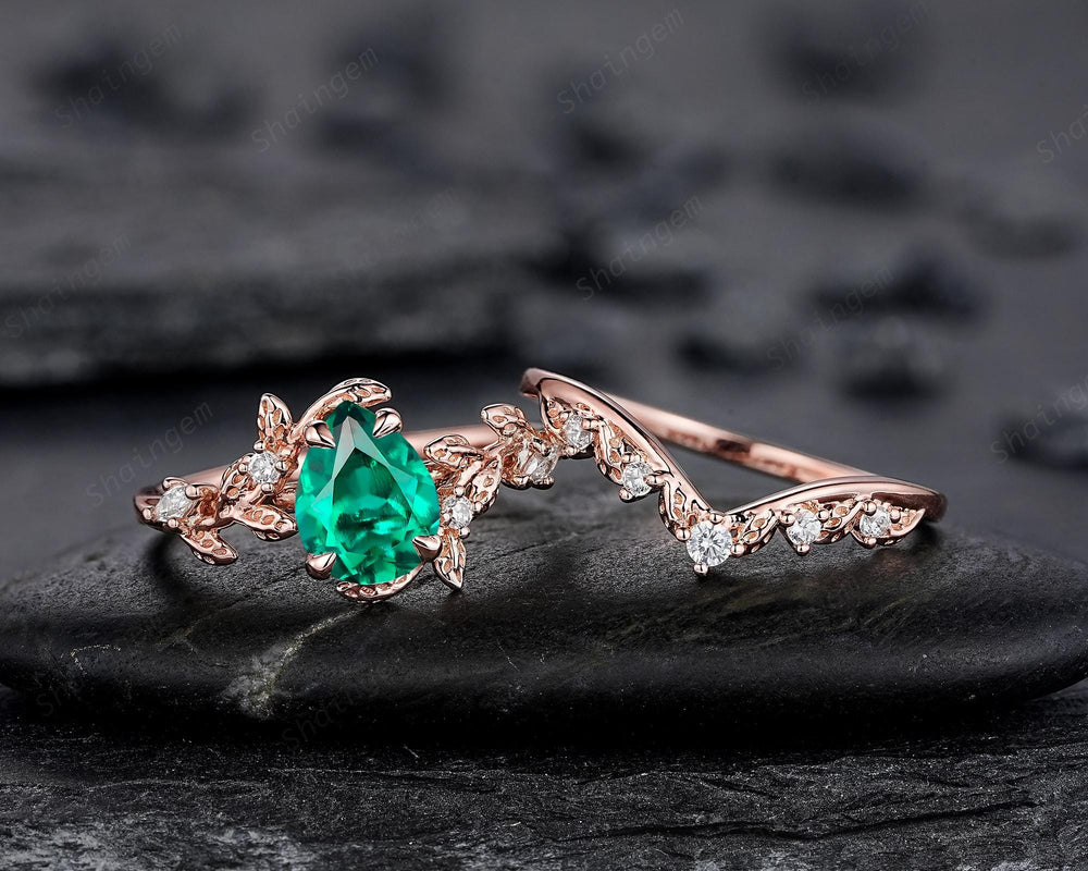 Nature Inspired Pear Shape Emerald Leaf Engagement Ring Set, Rose Gold Vine Wedding Set, Twig Branch Promise Ring for Women, May Birthstone - ShainJewelry