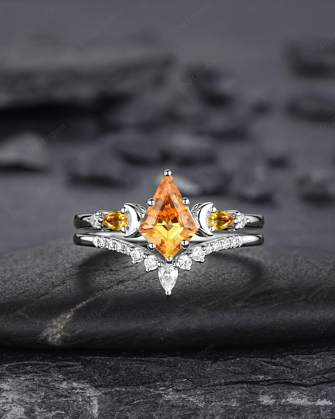 Platinum Kite Cut Yellow Citrine Crescent Engagement Ring Set, Nature Inspired Sterling Silver Moon Wedding Promise Ring Anniversary Gift - ShainJewelry