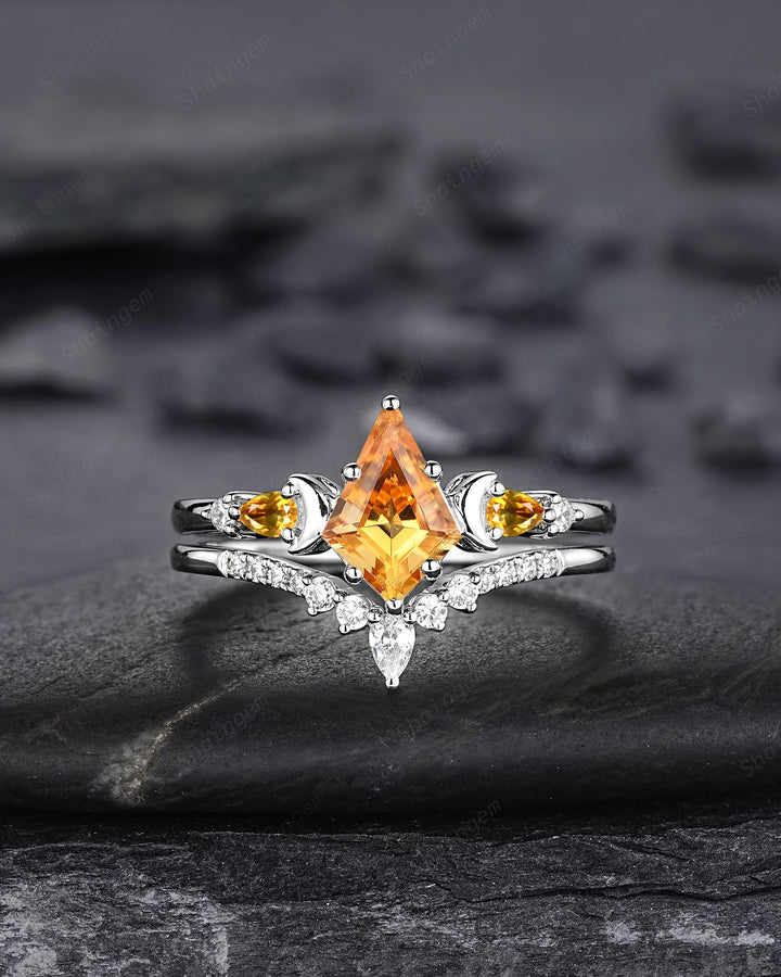 Platinum Kite Cut Yellow Citrine Crescent Engagement Ring Set, Nature Inspired Sterling Silver Moon Wedding Promise Ring Anniversary Gift - ShainJewelry
