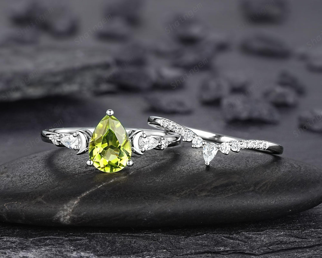 Vintage Pear Shape Peridot Crescent Engagement Ring Set, Unique White Gold Wedding Ring Bridal Set, August Birthstone Promise Ring for Women - ShainJewelry