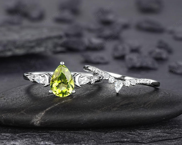 Vintage Pear Shape Peridot Crescent Engagement Ring Set, Unique White Gold Wedding Ring Bridal Set, August Birthstone Promise Ring for Women - ShainJewelry