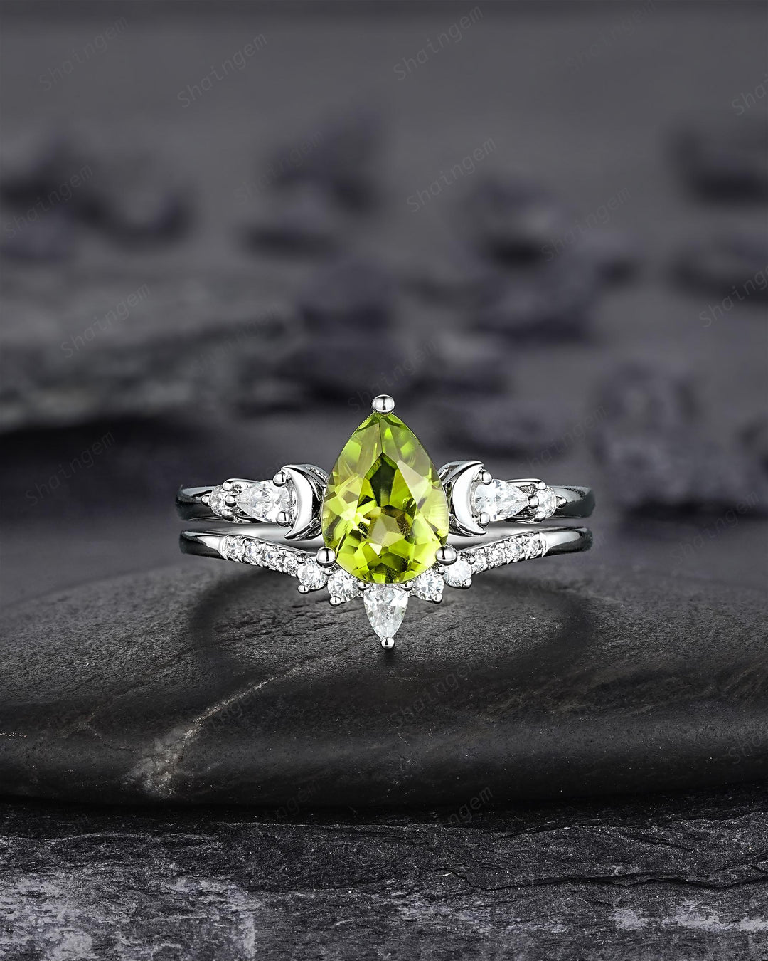 Vintage Pear Shape Peridot Crescent Engagement Ring Set, Unique White Gold Wedding Ring Bridal Set, August Birthstone Promise Ring for Women - ShainJewelry