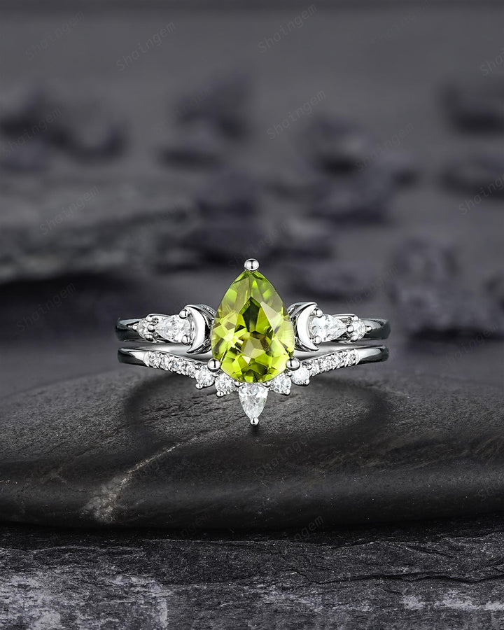 Vintage Pear Shape Peridot Crescent Engagement Ring Set, Unique White Gold Wedding Ring Bridal Set, August Birthstone Promise Ring for Women - ShainJewelry