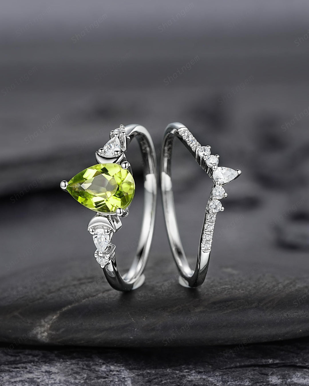 Vintage Pear Shape Peridot Crescent Engagement Ring Set, Unique White Gold Wedding Ring Bridal Set, August Birthstone Promise Ring for Women - ShainJewelry