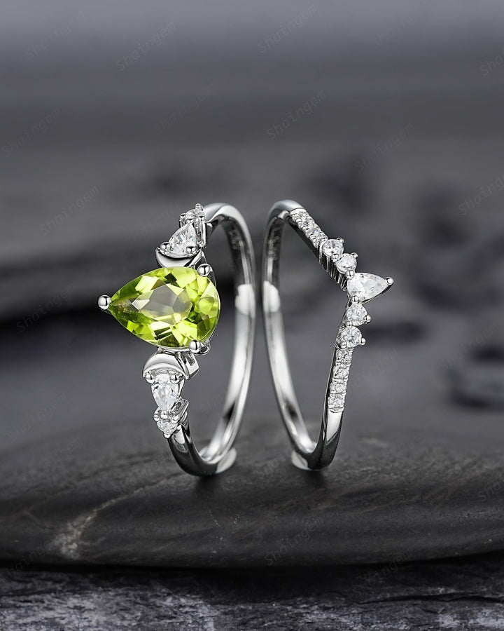 Vintage Pear Shape Peridot Crescent Engagement Ring Set, Unique White Gold Wedding Ring Bridal Set, August Birthstone Promise Ring for Women - ShainJewelry