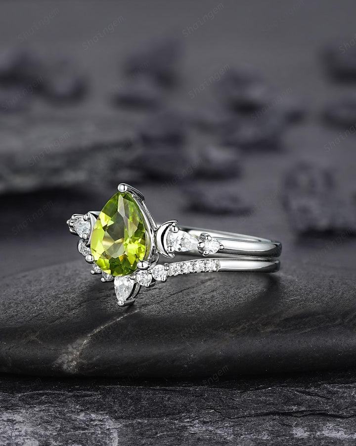 Vintage Pear Shape Peridot Crescent Engagement Ring Set, Unique White Gold Wedding Ring Bridal Set, August Birthstone Promise Ring for Women - ShainJewelry