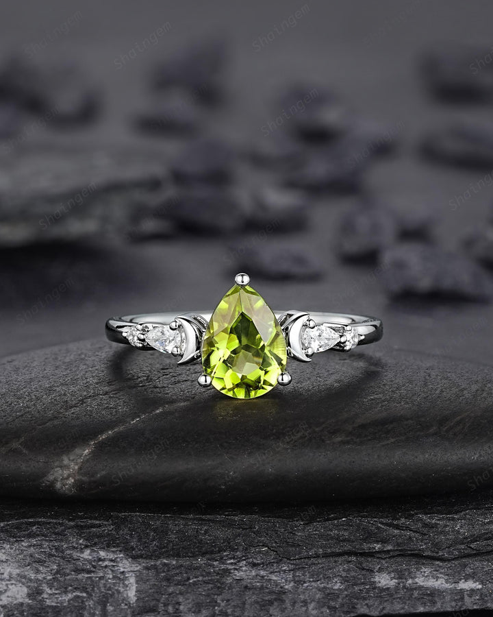 Vintage Pear Shape Peridot Crescent Engagement Ring Set, Unique White Gold Wedding Ring Bridal Set, August Birthstone Promise Ring for Women - ShainJewelry