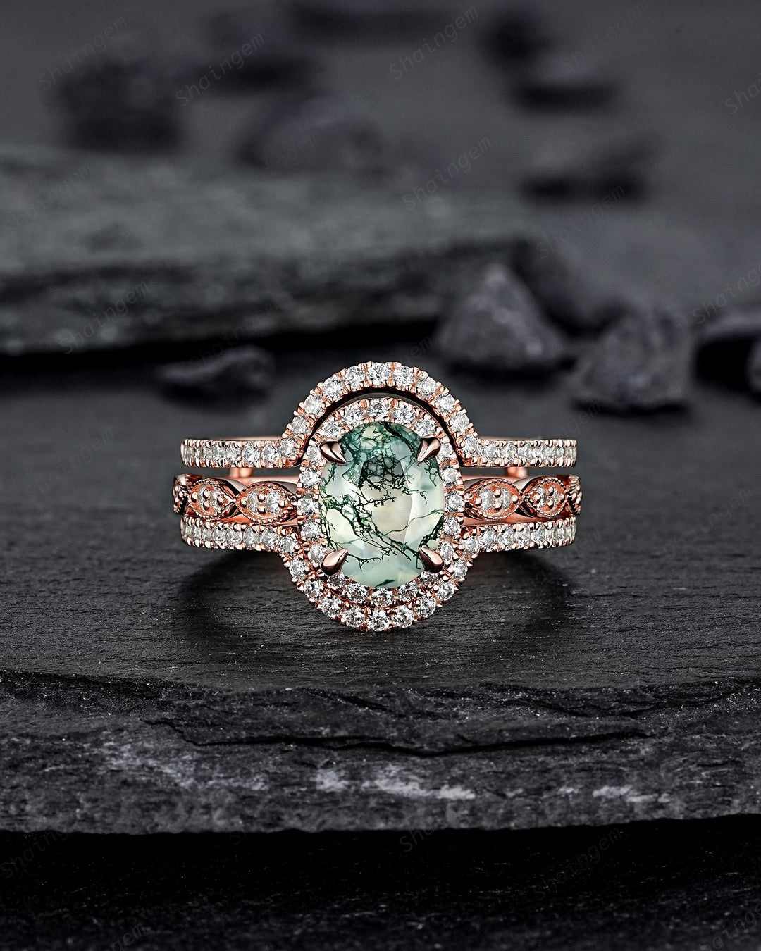 3PCS Oval Cut Moss Agate Bridal Set, Ring Guard Spacer Engagement Ring Set, Soldered Band Halo Wedding Ring Rose Gold Promise Ring - ShainJewelry