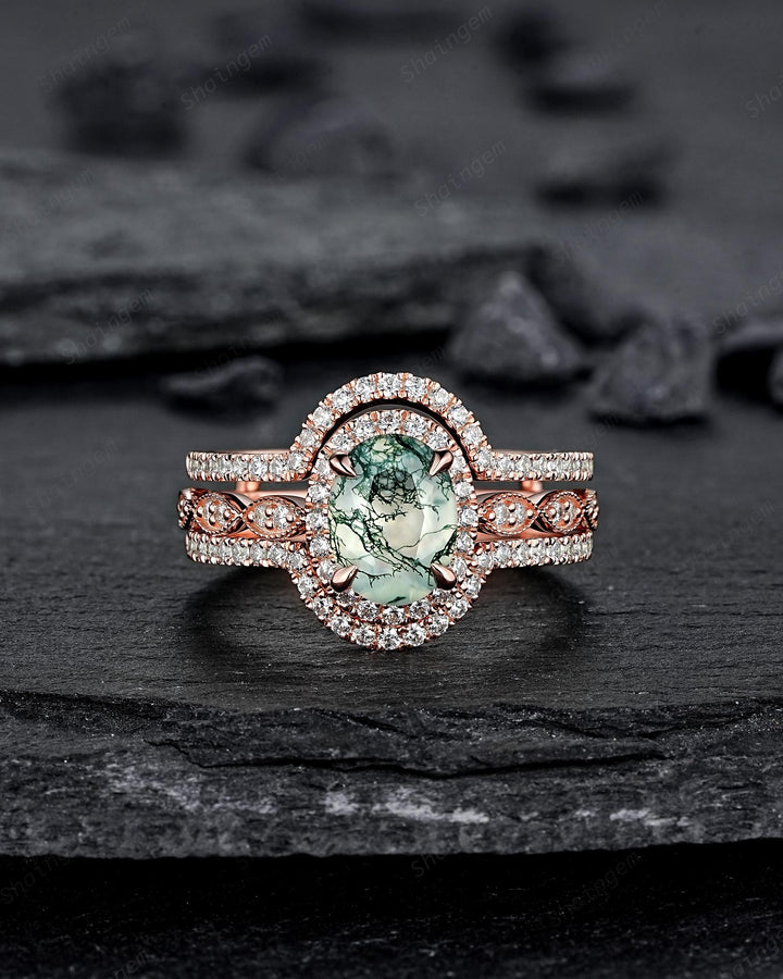 3PCS Oval Cut Moss Agate Bridal Set, Ring Guard Spacer Engagement Ring Set, Soldered Band Halo Wedding Ring Rose Gold Promise Ring - ShainJewelry