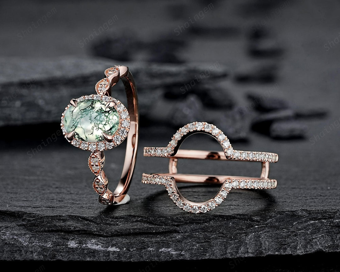 3PCS Oval Cut Moss Agate Bridal Set, Ring Guard Spacer Engagement Ring Set, Soldered Band Halo Wedding Ring Rose Gold Promise Ring - ShainJewelry